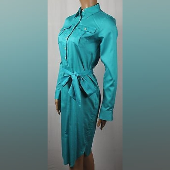LAUREN by Ralph Lauren Turquoise Long Sleeve Belted Shirt Dress, Size 2 - Picture 1 of 4